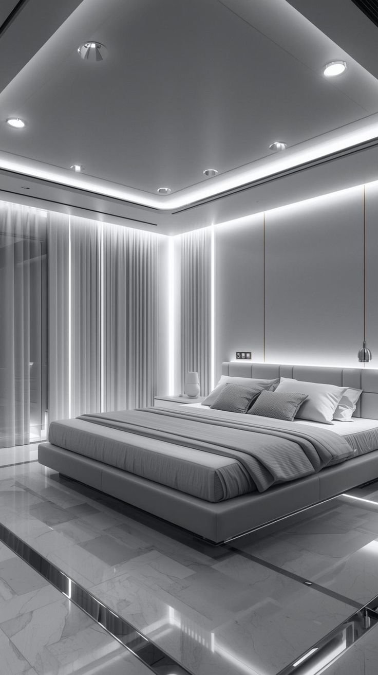 HOME 1 🚀 futuristic minimalist bedroom with floating bed & led ambiance